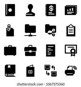 Solid vector icon set - passport vector, stamp, annual report, statistics, attachment, network folder, shared, clipboard, case, portfolio, document, certificate, book, data exchange