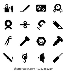 Solid vector icon set - passport control vector, scalpel, safe, gold medal, star, steel rolling, clamp, work knife, plumber, nail, nut, screw, soldering iron, winch, allen key set, awl