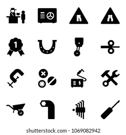 Solid vector icon set - passport control vector, safe, Road narrows sign, gold medal, luck, piston, steel rolling, clamp, rivet, welding, wrench hammer, wheelbarrow, allen key, set, awl