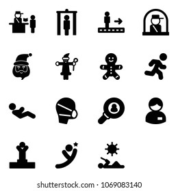 Solid vector icon set - passport control vector, metal detector gate, travolator, officer window, santa claus, cake man, run, abdominal muscles, medical mask, head hunter, manager, winner, flying