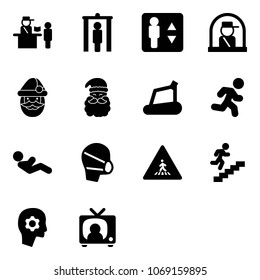Solid vector icon set - passport control vector, metal detector gate, elevator, officer window, santa claus, treadmill, run, abdominal muscles, medical mask, pedestrian road sign, career, brain work