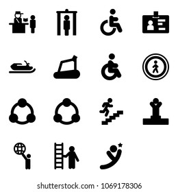 Solid vector icon set - passport control vector, metal detector gate, disabled, identity, snowmobile, treadmill, no pedestrian road sign, social, community, career, winner, world, opportunity