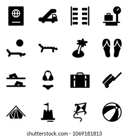 Solid vector icon set - passport vector, trap truck, plane seats, baggage scales, lounger, palm, flip flops, swimsuit, suitcase, tent, sand castle, kite, beach ball