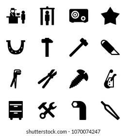 Solid vector icon set - passport control vector, metal detector gate, safe, star medal, luck, hammer, sledgehammer, work knife, plumber, bolt cutter, screw, winch, tool cabinet, wrench, allen key