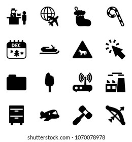 Solid vector icon set - passport control vector, plane globe, christmas sock, lollipop, calendar, snowmobile, cow road sign, cursor, folder, ice cream, wi fi router, plant, tool cabinet, toy, hammer