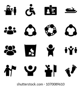Solid vector icon set - passport control vector, disabled, identity, snowmobile, group, social, friends, community, garbage, success, team leader, win, speaker, feet