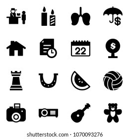 Solid vector icon set - passport control vector, candle, lungs, insurance, home, history, calendar, money tree, chess tower, luck, watermelone, volleyball, camera, projector, guitar, bear toy