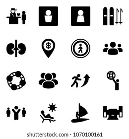 Solid vector icon set - passport control vector, male wc, female, ski, kidneys, dollar pin, no pedestrian road sign, group, friends, career, world, team leader, beach, windsurfing, sharpening