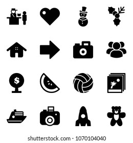 Solid vector icon set - passport control vector, heart, snowman, holly, home, right arrow, camera, group, money tree, watermelone, volleyball, photo, cruiser, rocket, bear toy