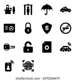 Solid vector icon set - passport control vector, metal detector gate, safety car, safe, lock, end overtake limit road sign, key, unlocked, certificate, wireless, identity card