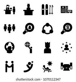 Solid vector icon set - passport control vector, recieptionist, ski, hospital building, group, head hunter, community, search money, man globe, world, king, star, agreement, flying, beach