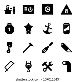 Solid vector icon set - passport control vector, safe, Road narrows sign, gold medal, star, anchor, drink, piston, mason hammer, chisel, work knife, metal hacksaw, winch, wrench, allen key