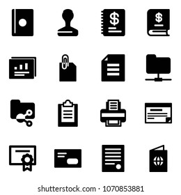 Solid vector icon set - passport vector, stamp, annual report, statistics, attachment, document, network folder, shared, clipboard, printer, schedule, certificate, envelope, agreement