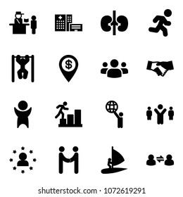 Solid vector icon set - passport control vector, hospital building, kidneys, run, pull ups, dollar pin, group, agreement, success, career, world, team leader, star man, windsurfing