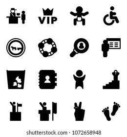 Solid vector icon set - passport control vector, vip, baby, disabled, no cart horse road sign, friends, head hunter, presentation, garbage, contact book, success, win, speaker, victory, feet