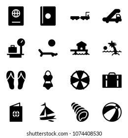 Solid vector icon set - passport vector, baggage truck, trap, scales, lounger, bungalow, palm, flip flops, swimsuit, parasol, suitcase, sail boat, shell, beach ball