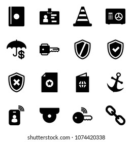 Solid vector icon set - passport vector, identity, road cone, safe, insurance, key, shield, check, cross, certificate, anchor, card, surveillance camera, wireless, link