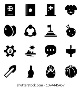 Solid vector icon set - passport vector, first aid room, dog, eggs, social, pyramid flag, moon, money managemet, chat, crown drill, tile, brush, russian doll, basketball