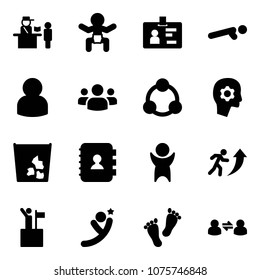 Solid vector icon set - passport control vector, baby, identity, push ups, user, group, social, brain work, garbage, contact book, success, career, win, flying man, feet, information exchange