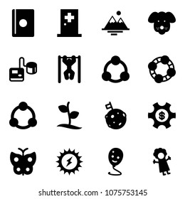 Solid vector icon set - passport vector, first aid room, mountains, dog, tonometer, pull ups, social, friends, community, sproute, moon flag, money managemet, butterfly, sun power, balloon smile