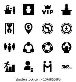 Solid vector icon set - passport control vector, male wc, vip, recieptionist, pull ups, dollar pin, no left turn road sign, pedestrian, group, social, friends, man globe, career, winner, agreement