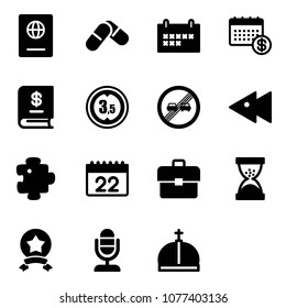 Solid vector icon set - passport vector, pills, schedule, calendar, annual report, limited height road sign, end overtake limit, fast backward, puzzle, portfolio, sand clock, star medal, microphone