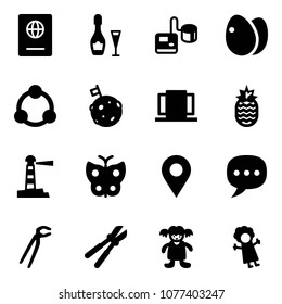 Solid vector icon set - passport vector, wine, tonometer, eggs, community, moon flag, doors, pineapple, lighthouse, butterfly, navigation pin, chat, plumber, bolt cutter, doll