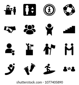 Solid vector icon set - passport control vector, elevator, no pedestrian road sign, friends, agreement, group, success, stairs, winner, win, flying man, feet, surfing, information exchange