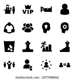 Solid vector icon set - passport control vector, vip, hotel, user, community, group, head bulb, brain work, garbage, winner, career, success, team leader, star man, information exchange