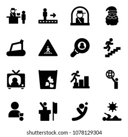 Solid vector icon set - passport control vector, travolator, officer window, santa claus, treadmill, pedestrian road sign, head hunter, career, tv news, garbage, world, winner, speaker, flying man