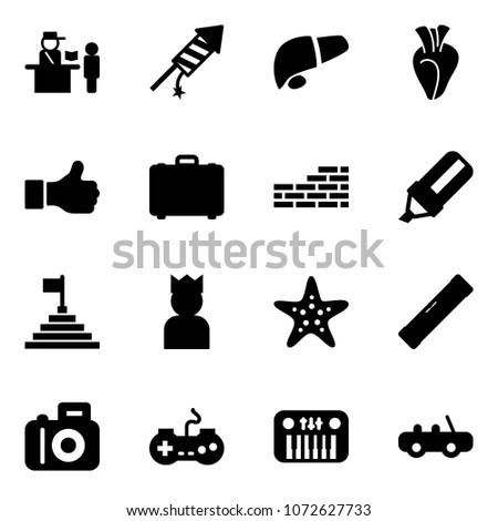 Solid vector icon set - passport control vector, firework rocket, liver, heart, like, case, brick wall, highlight marker, pyramid flag, king, starfish, level, camera, gamepad, toy piano, car