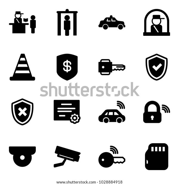Solid vector icon set - passport control vector,\
metal detector gate, safety car, officer window, road cone, safe,\
key, shield check, cross, certificate, wireless, lock, surveillance\
camera