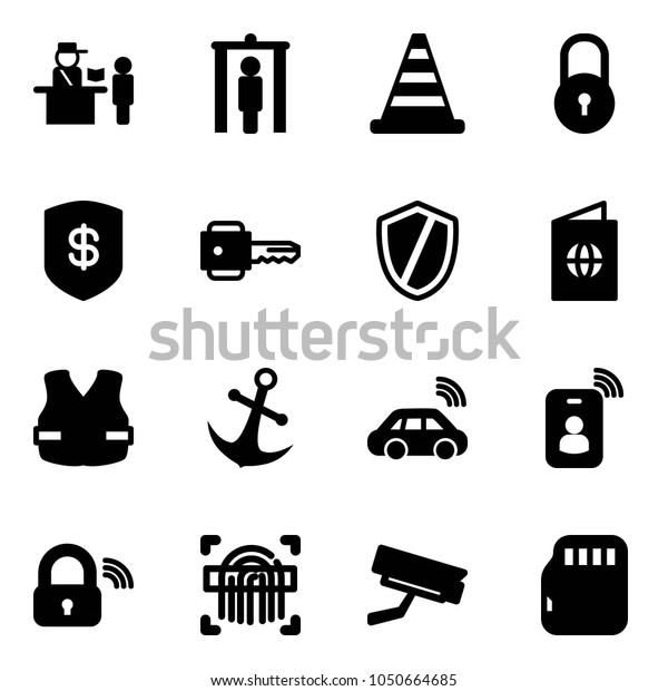 Solid vector icon set - passport control vector,\
metal detector gate, road cone, lock, safe, key, shield, life vest,\
anchor, car wireless, identity card, fingerprint scanner,\
surveillance camera