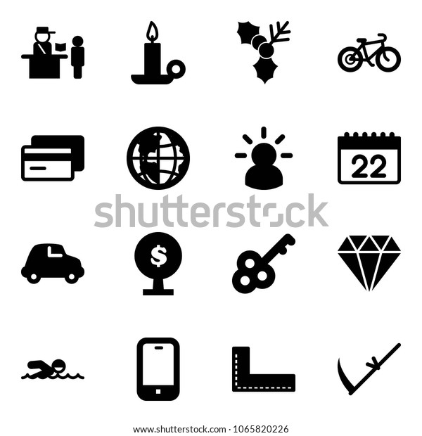Solid vector\
icon set - passport control vector, candle, holly, bike, credit\
card, globe, idea, calendar, car, money tree, key, diamond,\
swimming, mobile phone, corner ruler,\
scythe