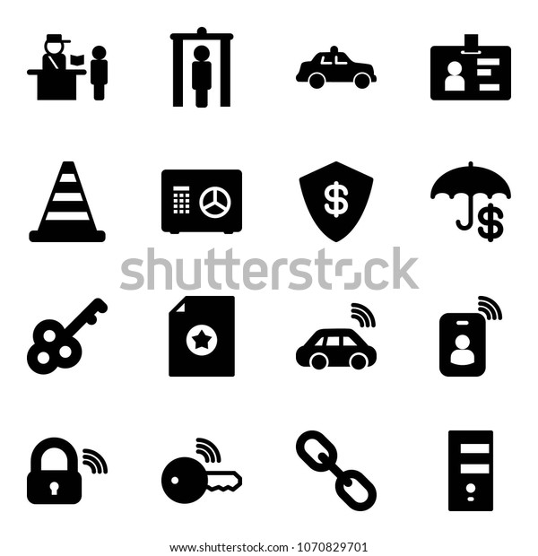 Solid vector icon set\
- passport control vector, metal detector gate, safety car,\
identity, road cone, safe, insurance, key, certificate, wireless,\
card, lock, link, server
