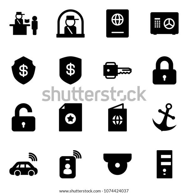 Solid vector icon set -
passport control vector, officer window, safe, key, locked,
unlocked, certificate, anchor, car wireless, identity card,
surveillance camera,
server