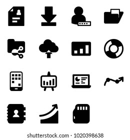 Solid vector icon set - patient card vector, download, user password, folder, shared, upload cloud, statistics, circle chart, mobile, presentation, monitor, point arrow, contact book, rise