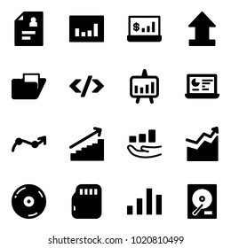 Solid vector icon set - patient card vector, statistics, account, uplooad, folder, tag code, presentation chart, monitor, point arrow, growth, cd, micro flash, hdd