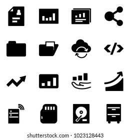 Solid vector icon set - patient card vector, statistics, report, share, folder, refresh cloud, tag code, growth arrow, rise, server wireless, micro flash, hdd, tool cabinet
