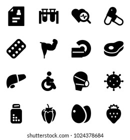 Solid vector icon set - patient card vector, vial, heart diagnosis, pills, blister, power hand, mri, meat, liver, disabled, medical mask, virus, bottle, sweet pepper, eggs, strawberry