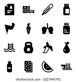 Solid vector icon set - patient card vector, hospital building, thermometer, pills bottle, power hand, carrot, lungs, pool, weight, banana, pear, milk, breads, watermelone