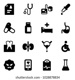Solid vector icon set - patient card vector, stethoscope, tonometer, pipette, pills, bottle, hospital bed, stomach, tooth, kidneys, bladder, disabled, virus, mobile heart monitor, pulse clipboard
