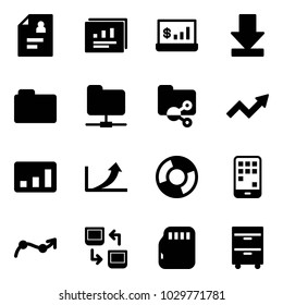 Solid vector icon set - patient card vector, statistics report, account, download, folder, network, shared, growth arrow, circle chart, mobile, point, data exchange, micro flash, tool cabinet