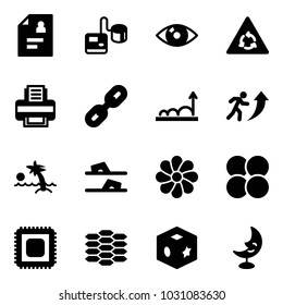 Solid vector icon set - patient card vector, tonometer, eye, round motion road sign, printer, link, growth, career, palm, flip flops, flower, atom core, cpu, carbon, cube toy, moon lamp