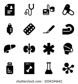 Solid vector icon set - patient card vector, stethoscope, tonometer, pills, drop counter, blister, scalpel, mri, liver, kidneys, ambulance star, medical mask, bottle, x ray, flask, molecule