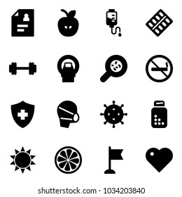 Solid vector icon set - patient card vector, apple, drop counter, pills blister, barbell, mri, bacteria, no smoking sign, medical mask, virus, bottle, sun, lemon slice, flag, heart