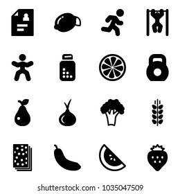 Solid vector icon set - patient card vector, lemon, run, pull ups, gymnastics, pills bottle, slice, weight, pear, onion, broccoli, spica, breads, banana, watermelone, strawberry