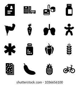 Solid vector icon set - patient card vector, hospital building, tonometer, pills bottle, power hand, carrot, lungs, gymnastics, ambulance star, sweet pepper, spica, breads, banana, pineapple, bike