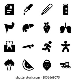 Solid vector icon set - patient card vector, pipette, thermometer, vial, power hand, liver, heart, lungs, tooth, push ups, run, gymnastics, broccoli, watermelone, strawberry, pool