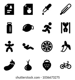 Solid vector icon set - patient card vector, diet list, pipette, thermometer, vial, lemon, run, pull ups, gymnastics, abdominal muscles, slice, banana, eggplant, onion, strawberry, bike